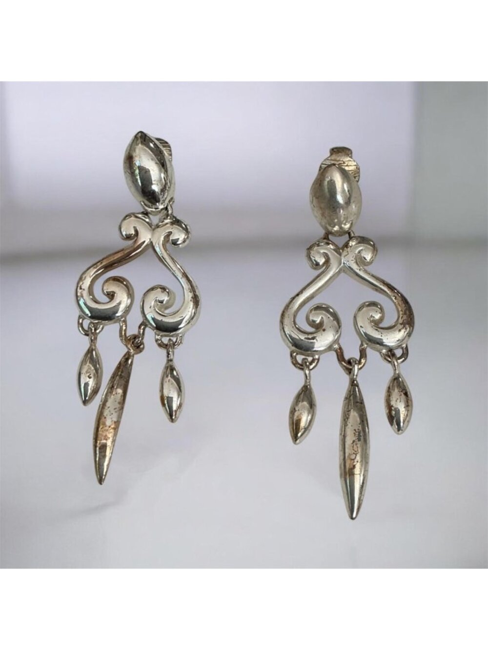 Sterling Silver Vintage Clip-On Dangle Earrings 12g Elegant Scroll Design
